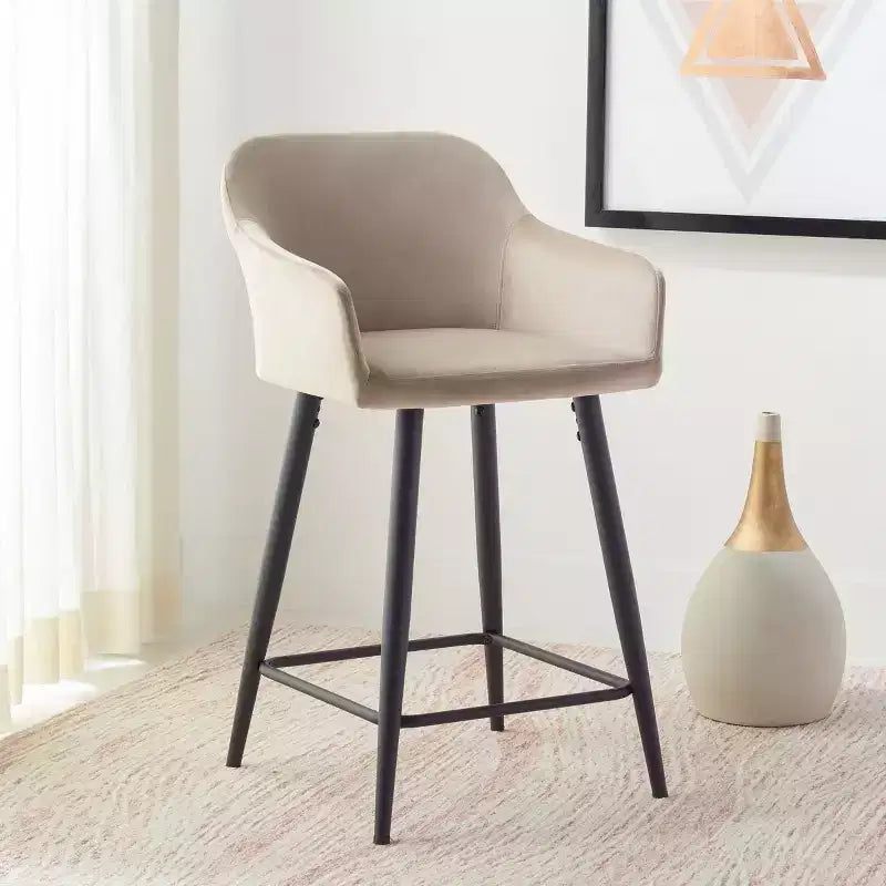 Velvet Counter Stool with Armrests and Footrest, Taupe and Black, Fixed Height 23.5", Steel Frame
