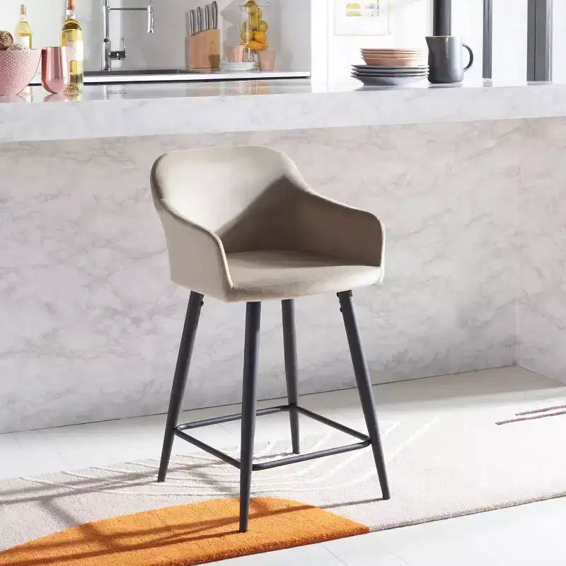 Velvet Counter Stool with Armrests and Footrest, Taupe and Black, Fixed Height 23.5", Steel Frame