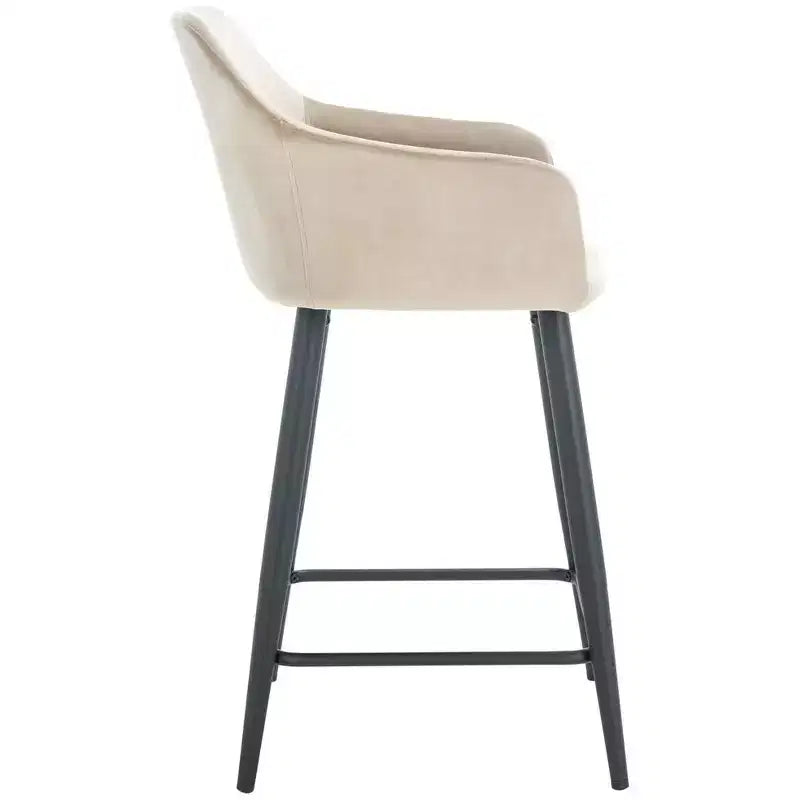 Velvet Counter Stool with Armrests and Footrest, Taupe and Black, Fixed Height 23.5", Steel Frame