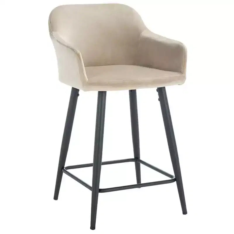 Velvet Counter Stool with Armrests and Footrest, Taupe and Black, Fixed Height 23.5", Steel Frame