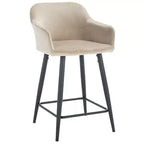 Velvet Counter Stool with Armrests and Footrest, Taupe and Black, Fixed Height 23.5", Steel Frame
