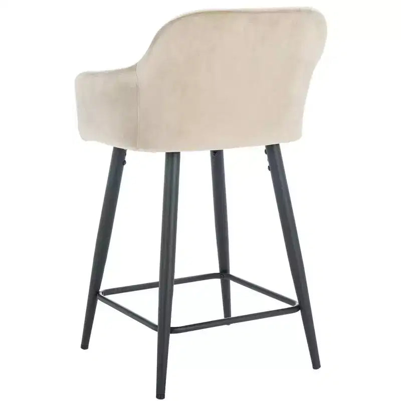 Velvet Counter Stool with Armrests and Footrest, Taupe and Black, Fixed Height 23.5", Steel Frame