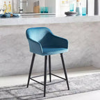 Velvet Counter Stool with Armrests and Footrest, Taupe and Black, Fixed Height 23.5", Steel Frame