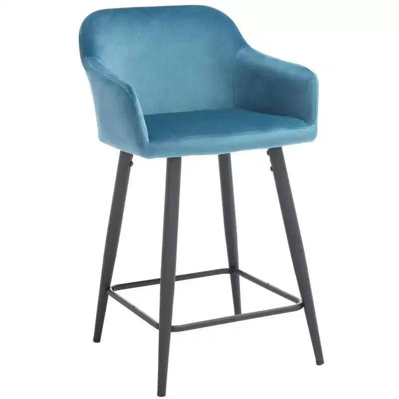 Velvet Counter Stool with Armrests and Footrest, Taupe and Black, Fixed Height 23.5", Steel Frame