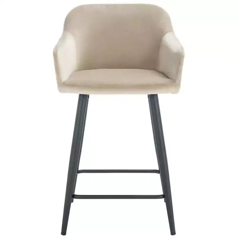 Velvet Counter Stool with Armrests and Footrest, Taupe and Black, Fixed Height 23.5", Steel Frame