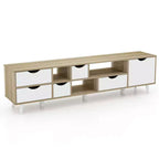 TV Stand for TVs up to 65", 5 Drawers & 3 Open Shelves, Mid-Century Oak Entertainment Center