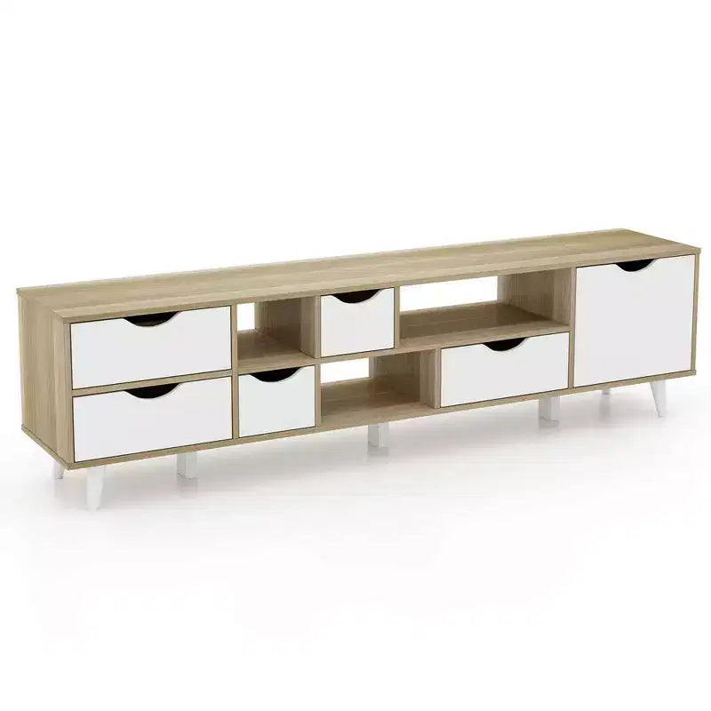 TV Stand for TVs up to 65", 5 Drawers & 3 Open Shelves, Mid-Century Oak Entertainment Center