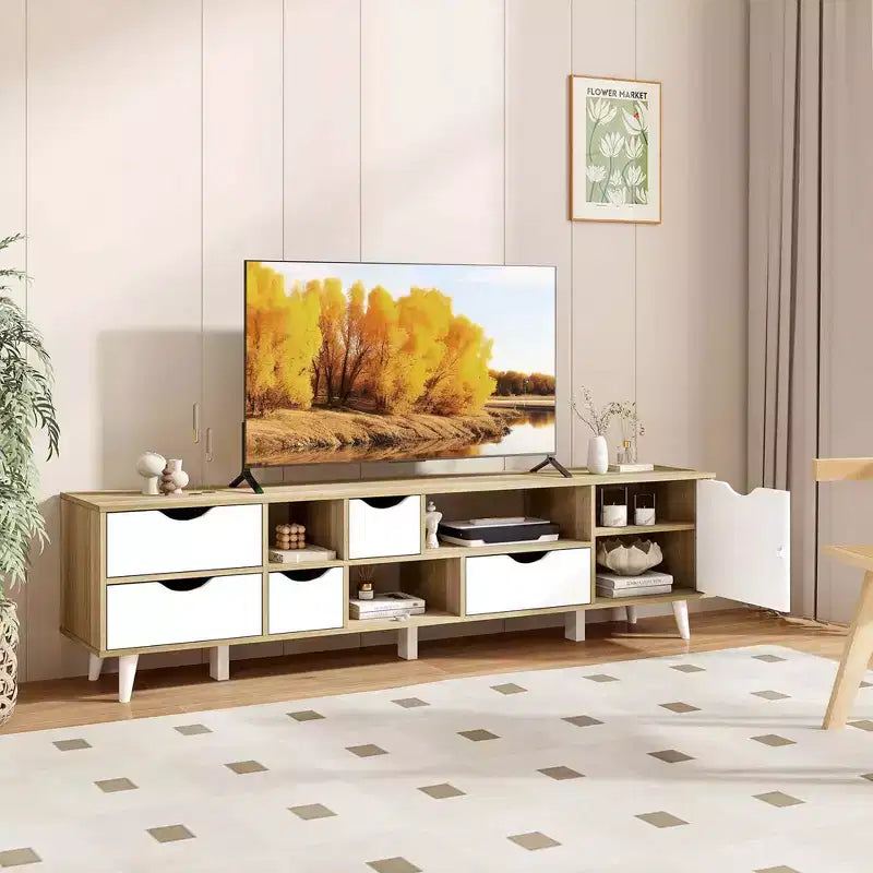 TV Stand for TVs up to 65", 5 Drawers & 3 Open Shelves, Mid-Century Oak Entertainment Center