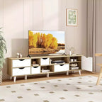TV Stand for TVs up to 65", 5 Drawers & 3 Open Shelves, Mid-Century Oak Entertainment Center