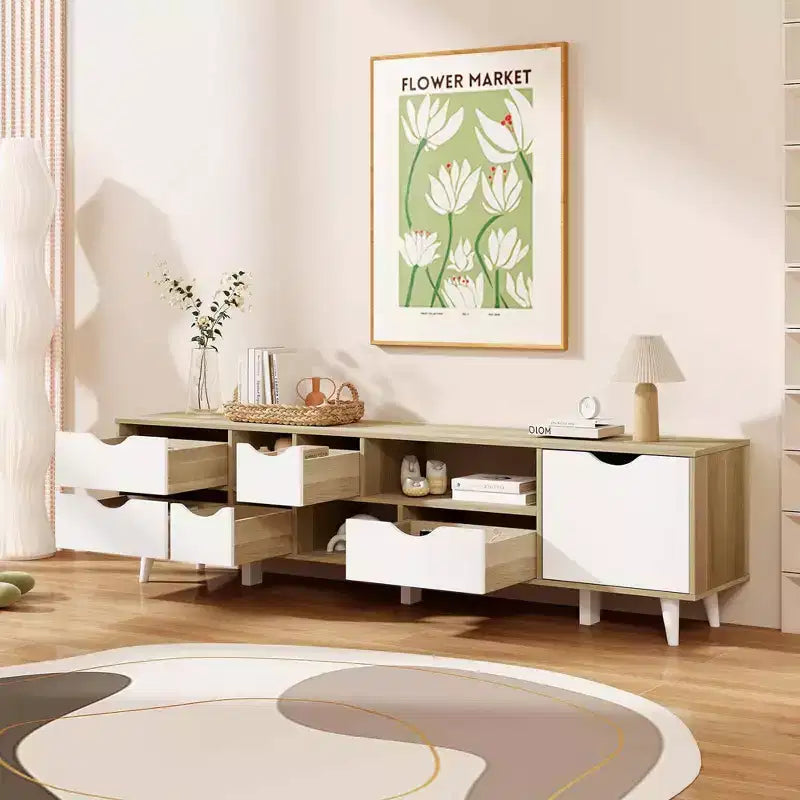 TV Stand for TVs up to 65", 5 Drawers & 3 Open Shelves, Mid-Century Oak Entertainment Center