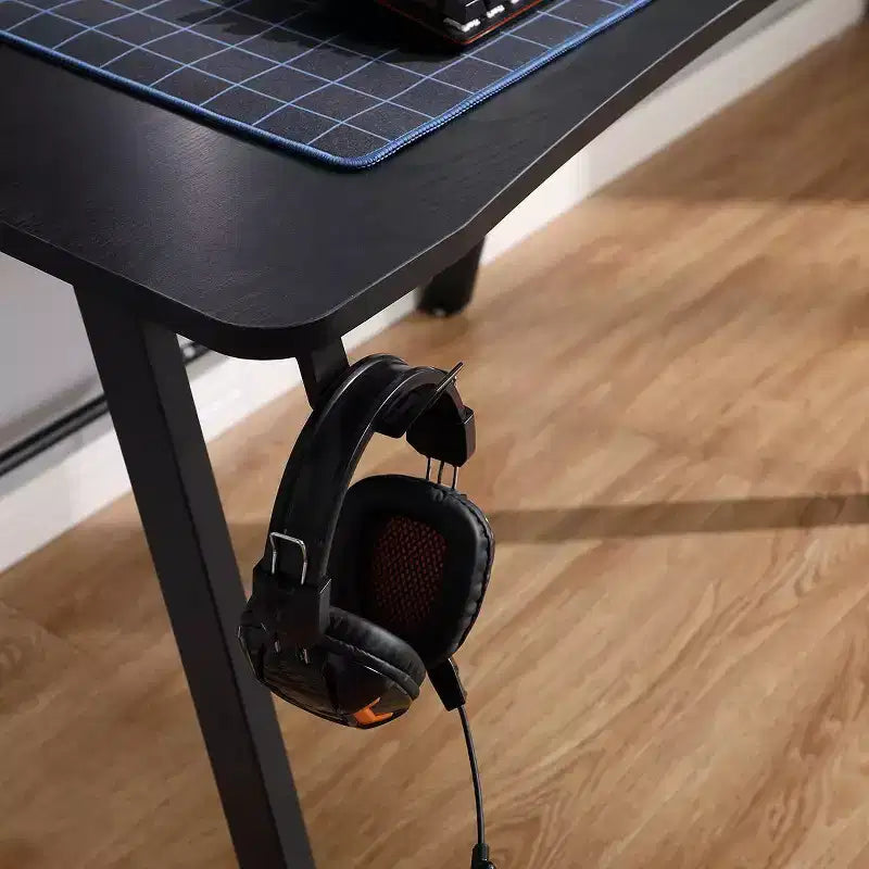 Gaming Desk with LED Lights and Headphone Holder, Compact Steel Frame Desk with Rubber Mat & Cup Holder