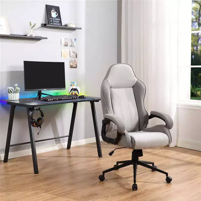 Gaming Desk with LED Lights and Headphone Holder, Compact Steel Frame Desk with Rubber Mat & Cup Holder