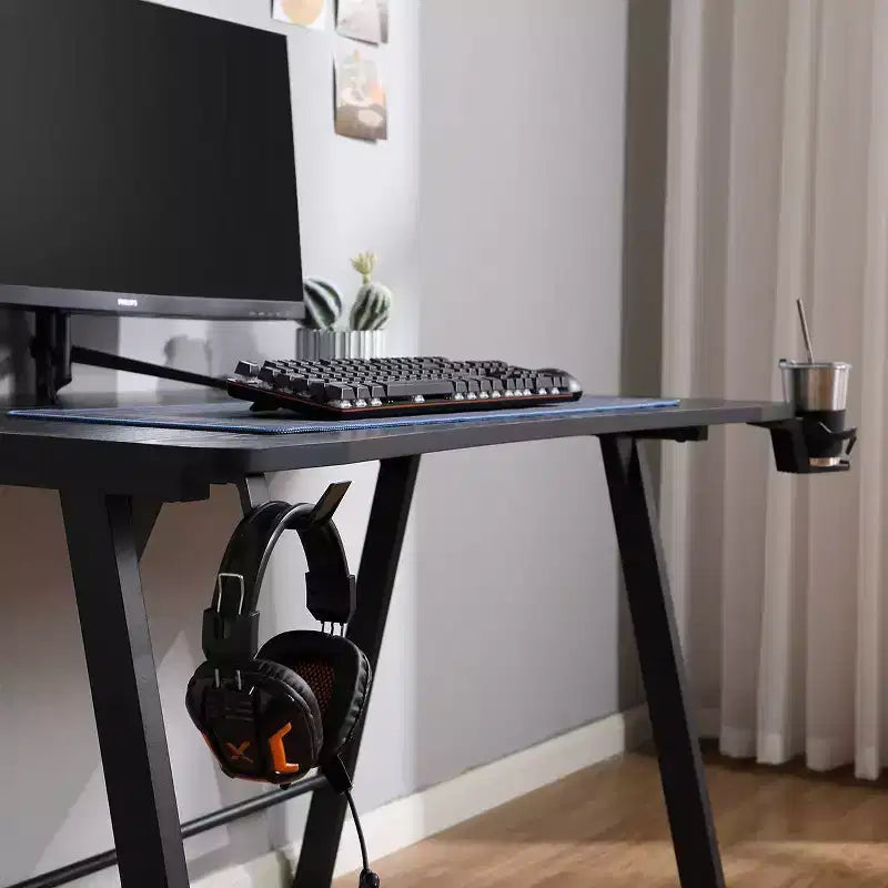 Gaming Desk with LED Lights and Headphone Holder, Compact Steel Frame Desk with Rubber Mat & Cup Holder