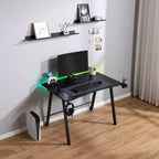 Gaming Desk with LED Lights and Headphone Holder, Compact Steel Frame Desk with Rubber Mat & Cup Holder