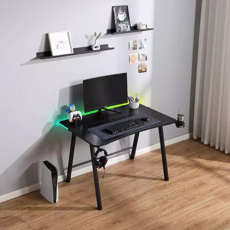 Gaming Desk with LED Lights and Headphone Holder, Compact Steel Frame Desk with Rubber Mat & Cup Holder