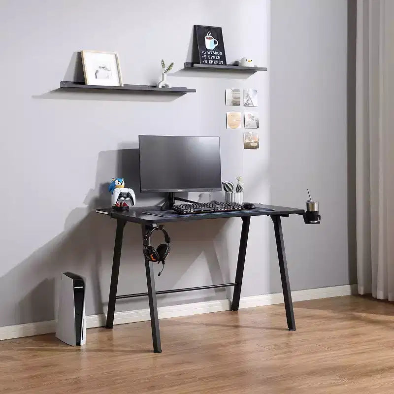 Gaming Desk with LED Lights and Headphone Holder, Compact Steel Frame Desk with Rubber Mat & Cup Holder