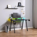 Gaming Desk with LED Lights and Headphone Holder, Compact Steel Frame Desk with Rubber Mat & Cup Holder