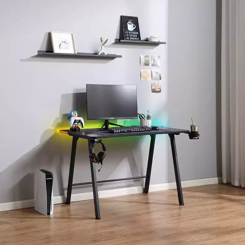 Gaming Desk with LED Lights and Headphone Holder, Compact Steel Frame Desk with Rubber Mat & Cup Holder