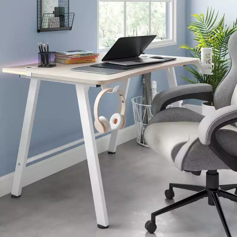 Gaming Desk with LED Lights and Headphone Holder, Compact Steel Frame Desk with Rubber Mat & Cup Holder