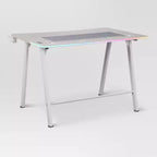 Gaming Desk with LED Lights and Headphone Holder, Compact Steel Frame Desk with Rubber Mat & Cup Holder