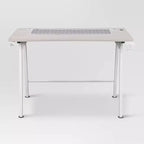 Gaming Desk with LED Lights and Headphone Holder, Compact Steel Frame Desk with Rubber Mat & Cup Holder
