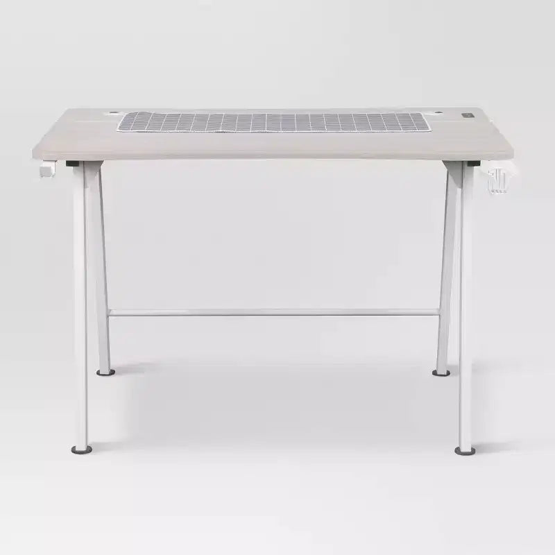 Gaming Desk with LED Lights and Headphone Holder, Compact Steel Frame Desk with Rubber Mat & Cup Holder