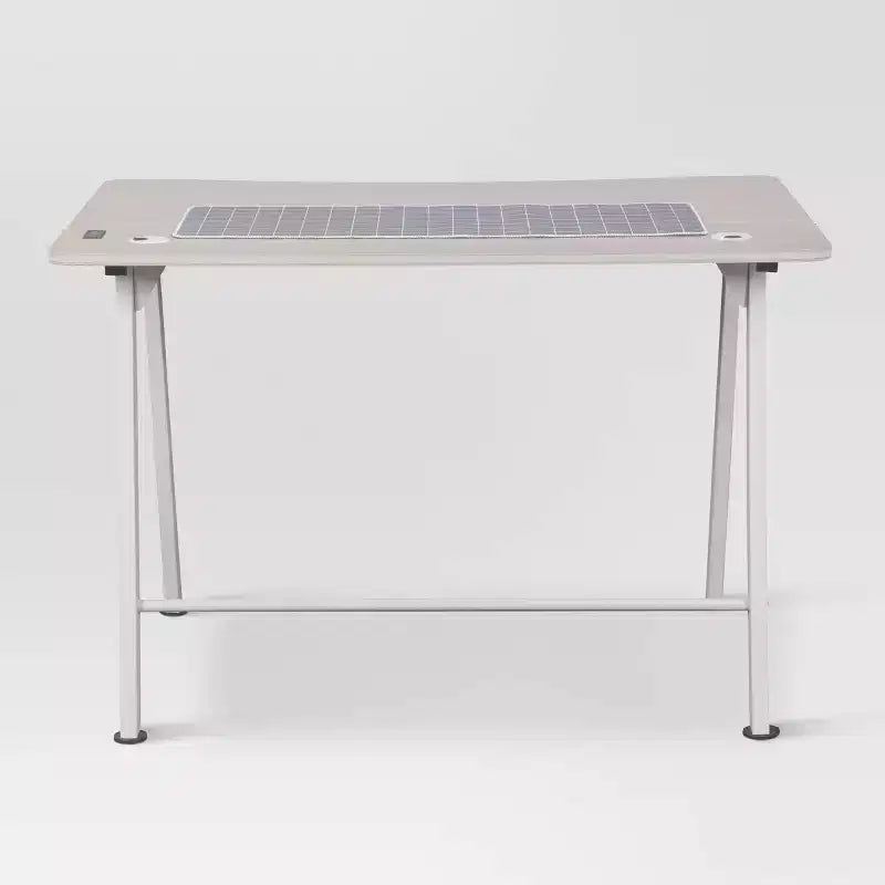Gaming Desk with LED Lights and Headphone Holder, Compact Steel Frame Desk with Rubber Mat & Cup Holder