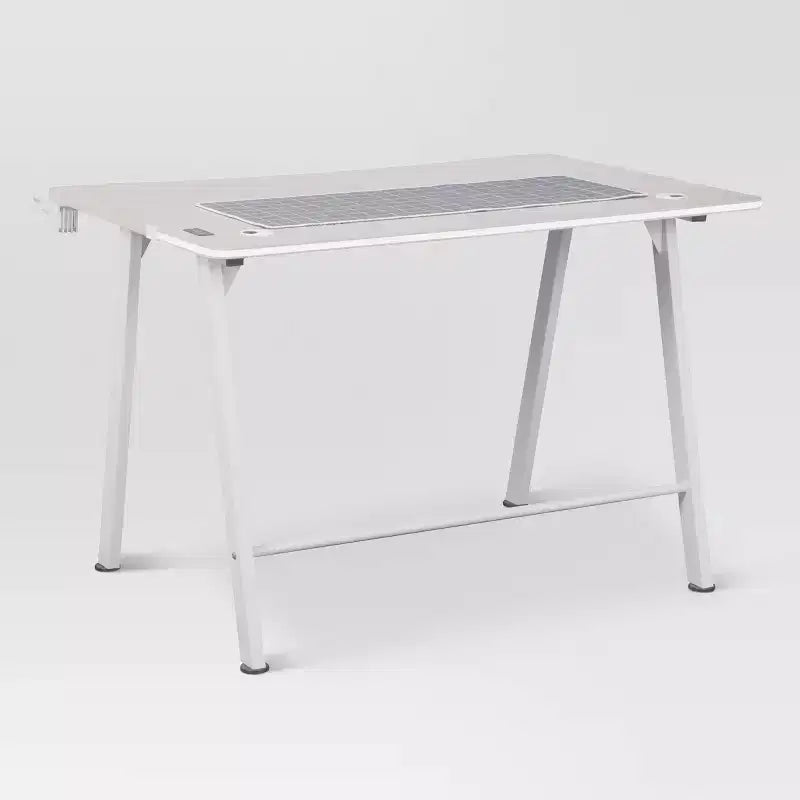 Gaming Desk with LED Lights and Headphone Holder, Compact Steel Frame Desk with Rubber Mat & Cup Holder