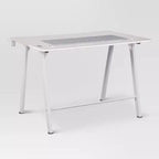 Gaming Desk with LED Lights and Headphone Holder, Compact Steel Frame Desk with Rubber Mat & Cup Holder