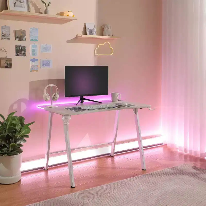 Gaming Desk with LED Lights and Headphone Holder, Compact Steel Frame Desk with Rubber Mat & Cup Holder