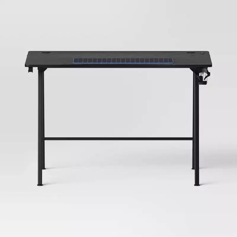 Gaming Desk with LED Lights and Headphone Holder, Compact Steel Frame Desk with Rubber Mat & Cup Holder