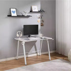 Gaming Desk with LED Lights and Headphone Holder, Compact Steel Frame Desk with Rubber Mat & Cup Holder