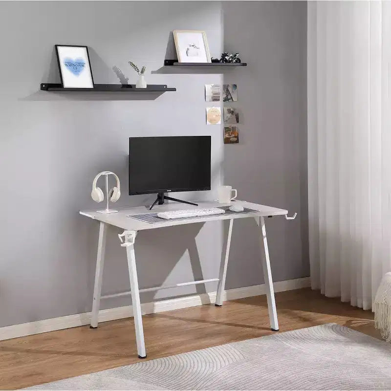 Gaming Desk with LED Lights and Headphone Holder, Compact Steel Frame Desk with Rubber Mat & Cup Holder