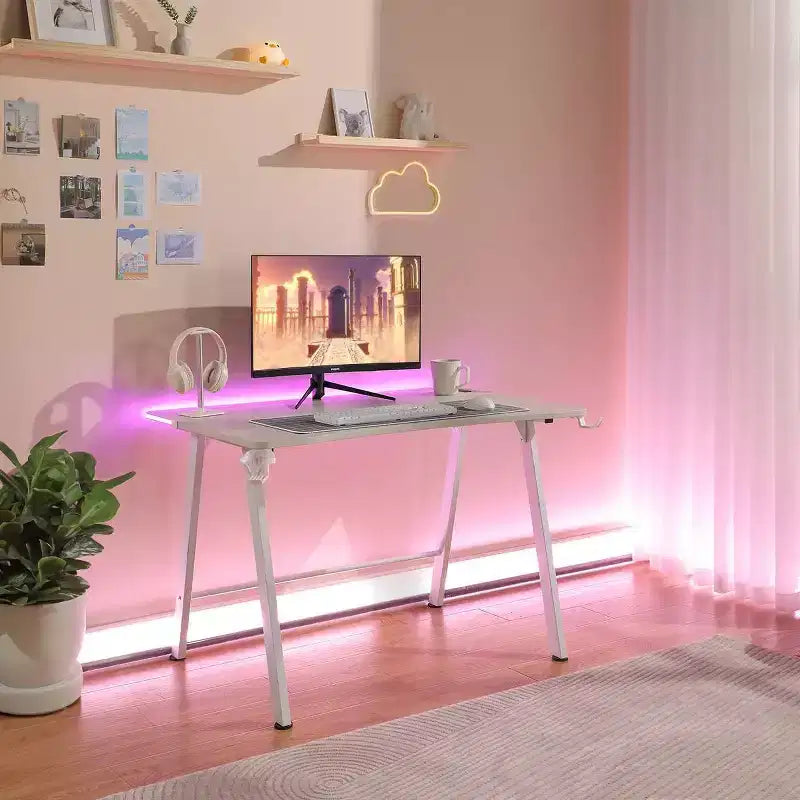 Gaming Desk with LED Lights and Headphone Holder, Compact Steel Frame Desk with Rubber Mat & Cup Holder