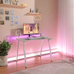 Gaming Desk with LED Lights and Headphone Holder, Compact Steel Frame Desk with Rubber Mat & Cup Holder