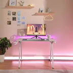 Gaming Desk with LED Lights and Headphone Holder, Compact Steel Frame Desk with Rubber Mat & Cup Holder