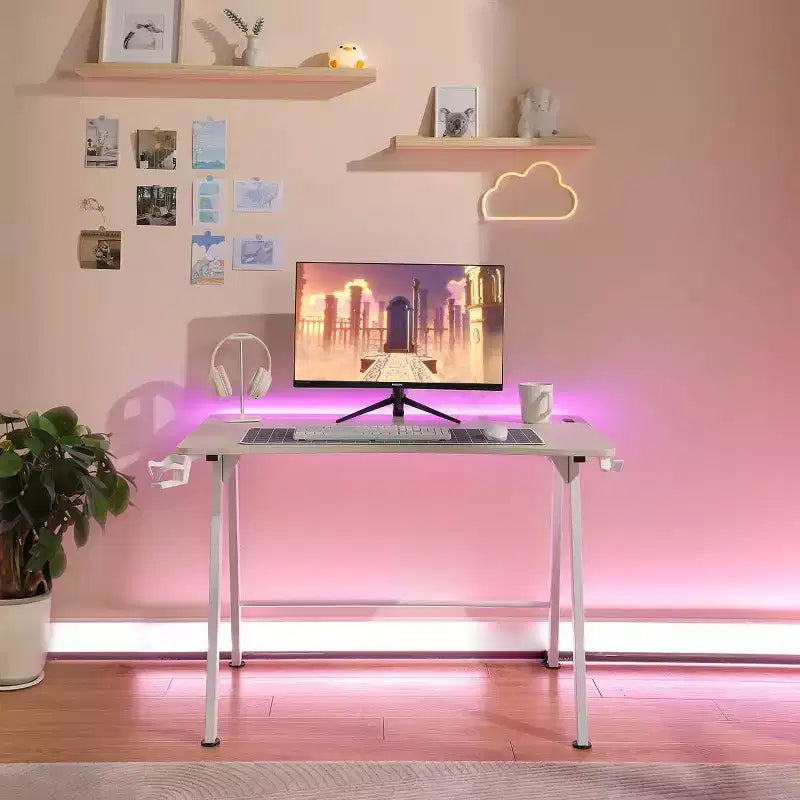 Gaming Desk with LED Lights and Headphone Holder, Compact Steel Frame Desk with Rubber Mat & Cup Holder