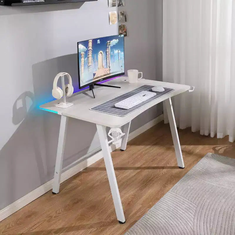 Gaming Desk with LED Lights and Headphone Holder, Compact Steel Frame Desk with Rubber Mat & Cup Holder