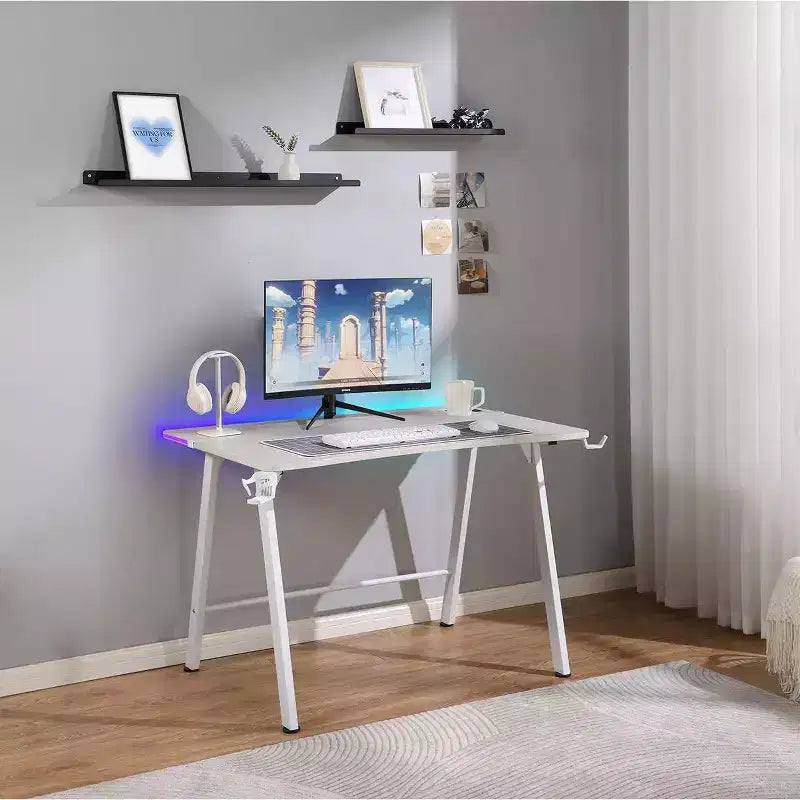 Gaming Desk with LED Lights and Headphone Holder, Compact Steel Frame Desk with Rubber Mat & Cup Holder