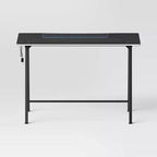 Gaming Desk with LED Lights and Headphone Holder, Compact Steel Frame Desk with Rubber Mat & Cup Holder