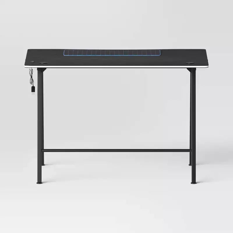 Gaming Desk with LED Lights and Headphone Holder, Compact Steel Frame Desk with Rubber Mat & Cup Holder