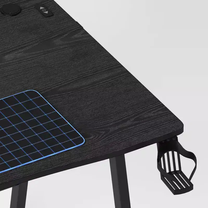 Gaming Desk with LED Lights and Headphone Holder, Compact Steel Frame Desk with Rubber Mat & Cup Holder