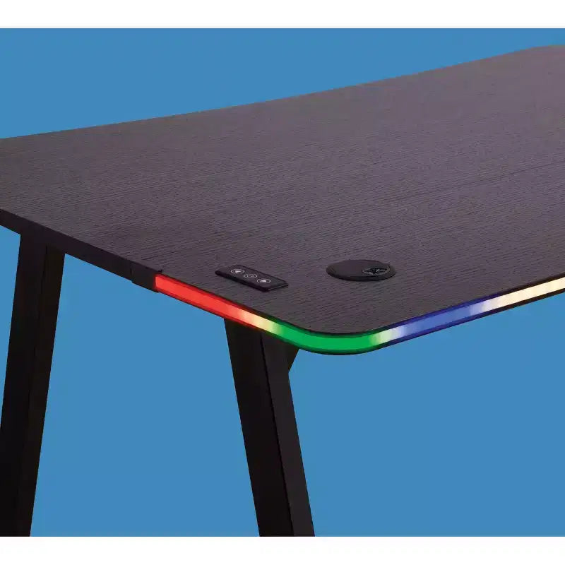 Gaming Desk with LED Lights and Headphone Holder, Compact Steel Frame Desk with Rubber Mat & Cup Holder