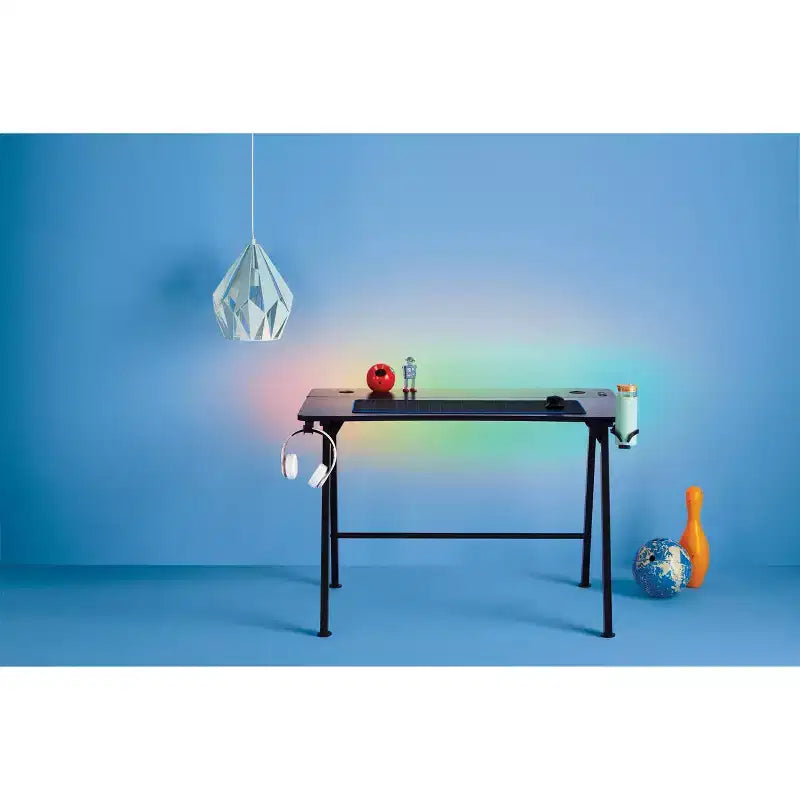 Gaming Desk with LED Lights and Headphone Holder, Compact Steel Frame Desk with Rubber Mat & Cup Holder