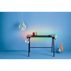 Gaming Desk with LED Lights and Headphone Holder, Compact Steel Frame Desk with Rubber Mat & Cup Holder