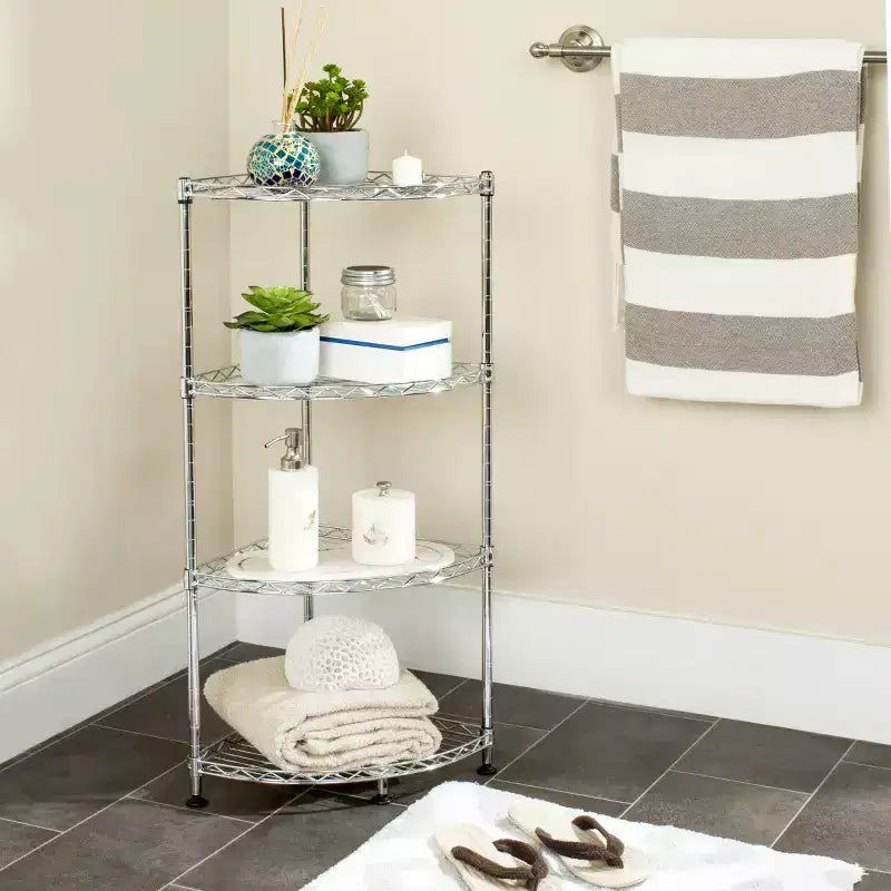 4-Tier Corner Storage Rack, Chrome-Plated Carbon Steel with Adjustable Shelves, No Tools Assembly
