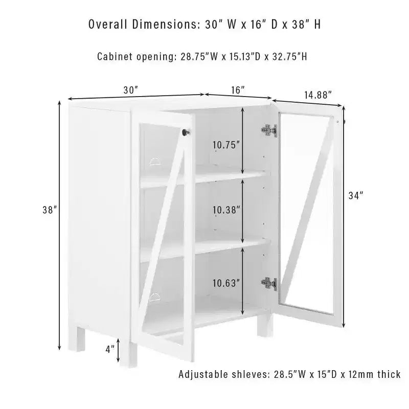 90" 3-Piece Media Sideboard Cabinet Set, Modern Farmhouse Style with Glass Doors and Adjustable Shelves