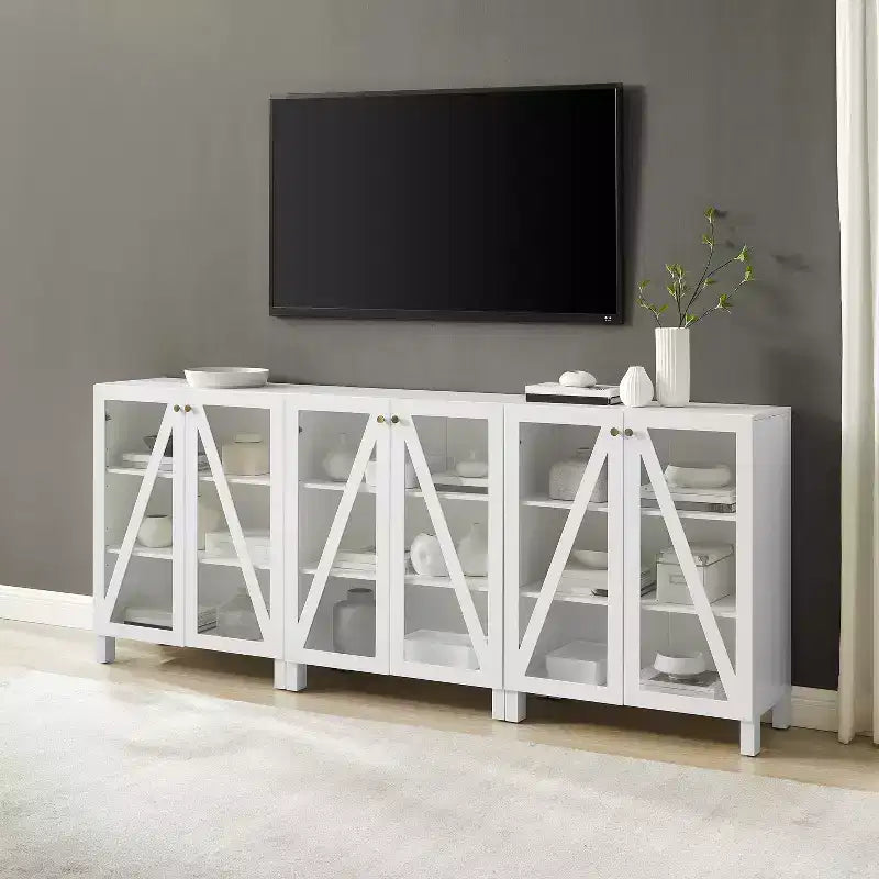 90" 3-Piece Media Sideboard Cabinet Set, Modern Farmhouse Style with Glass Doors and Adjustable Shelves