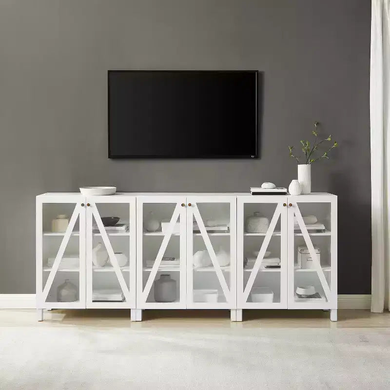 90" 3-Piece Media Sideboard Cabinet Set, Modern Farmhouse Style with Glass Doors and Adjustable Shelves