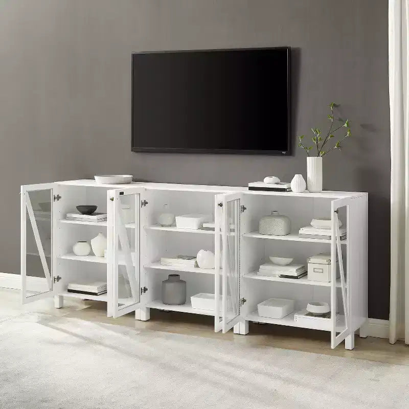 90" 3-Piece Media Sideboard Cabinet Set, Modern Farmhouse Style with Glass Doors and Adjustable Shelves